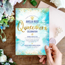 Quinceañera Türkis Wasserfarbe Goldfolie Chic