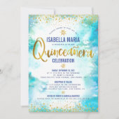 Quinceañera Türkis Wasserfarben Einladung (Vorderseite)