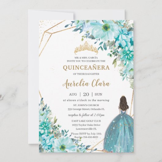 Quinceañera Türkise Blue Floral Gold Princess Einladung (Vorderseite)