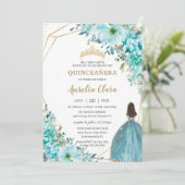 Quinceañera Türkise Blue Floral Gold Princess Einladung (Stehend Vorderseite)