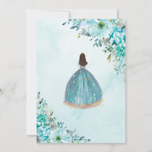 Quinceañera Türkise Blue Floral Gold Princess Einladung (Rückseite)