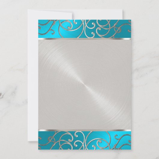 Quinceanera Türkise Blue Silver Filigree Wirbel Einladung (Rückseite)