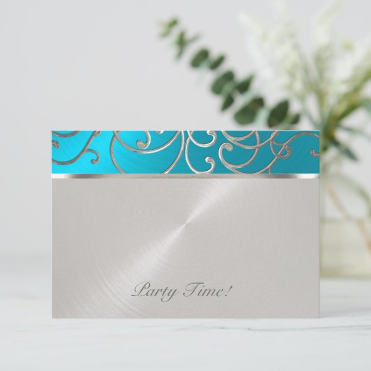 Quinceanera Türkise Blue Silver Filigree Wirbel Einladung (Stehend Vorderseite)