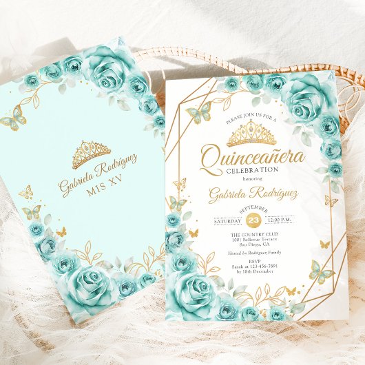 Quinceanera Turquoise Floral Gold Einladung