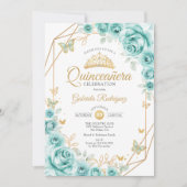 Quinceanera Turquoise Floral Gold Einladung (Vorderseite)