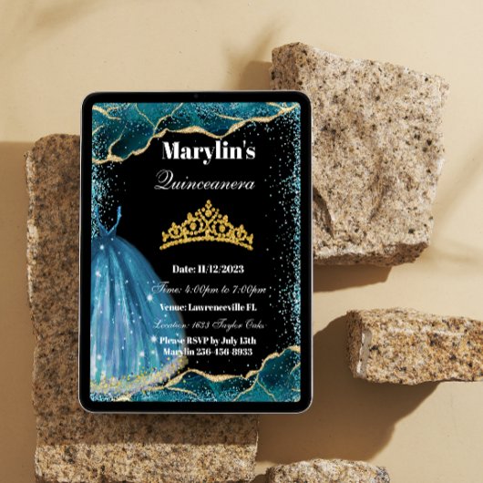 Quinceañera Turquoise Glitzer Ballgown Geburtstag Einladung