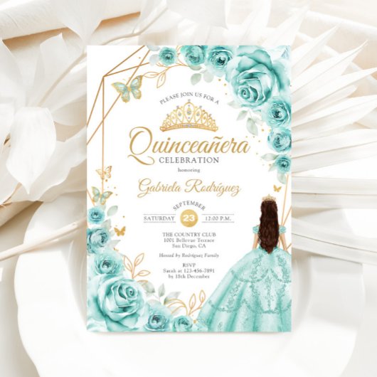 Quinceanera Turquoise Gold Floral Dress Einladung