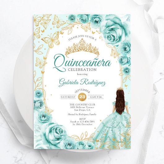 Quinceanera Turquoise Gold Floral Einladung