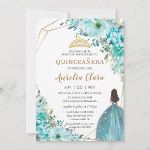 Quinceañera Turquoise Green Floral Gold Prinzessin Einladung