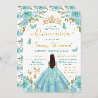 Quinceañera Turquoise Princess Brunette Girl Einladung
