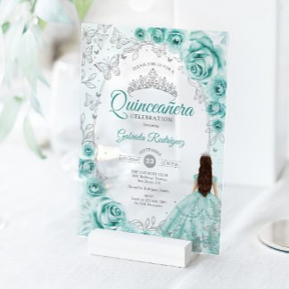 Quinceanera Turquoise Silver Floral Acryleinladungen