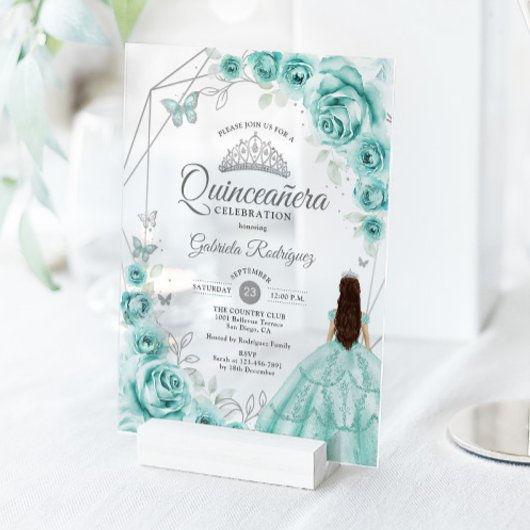Quinceanera Turquoise Silver Floral Dress Acryleinladungen