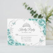 Quinceanera Turquoise Silver Floral Reply RSVP Karte (Stehend Vorderseite)