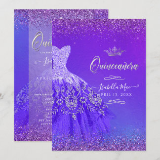 Quinceanera Ultra Violet Ombre Glitzer Gown Einladung