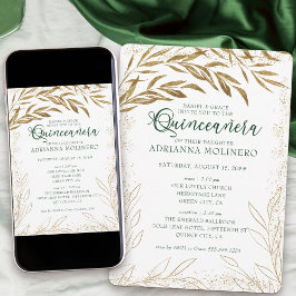Quinceanera und Mass Elegante Green und Gold Blätt Einladung