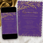 Quinceanera und Mass Luxury Lila- und Gold-Blätter Einladung