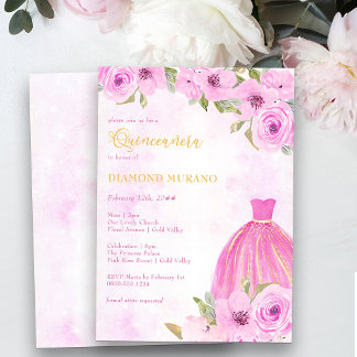Quinceanera und Mass Rosa und Gold Blumenprinzess Einladung
