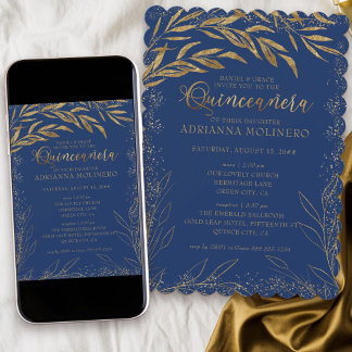 Quinceanera und Mass Royal Blue and Gold Blätter Einladung