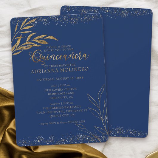 Quinceanera und Mass Royal Blue und Gold Leaf Einladung