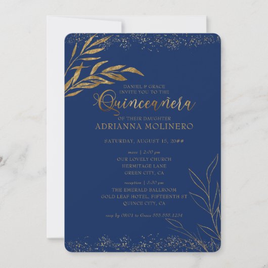 Quinceanera und Mass Royal Blue und Gold Leaf Einladung (Vorderseite)