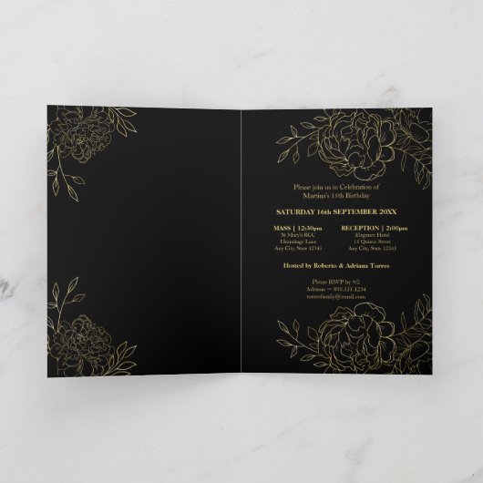 Quinceanera und Mass Schwarz und Gold Blüten Einladung (Innenseite)