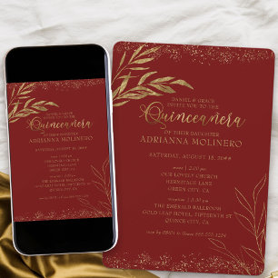 Quinceanera und Messe Rot und Gold Blatt Einladung
