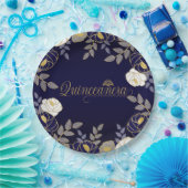 Quinceanera und Tiara Botanical in Blau und Gold Pappteller (Party)