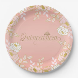 Quinceanera und Tiara Botanisch in Rosa und Gold Pappteller