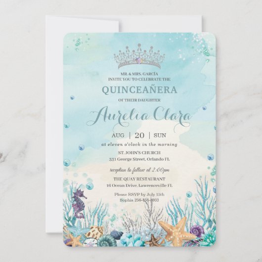 Quinceañera Unterhalb der Muscheln des Meeres Einladung (Vorderseite)