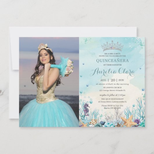 Quinceañera Unterhalb des Fotos Sea Beach Muscheln Einladung (Vorderseite)