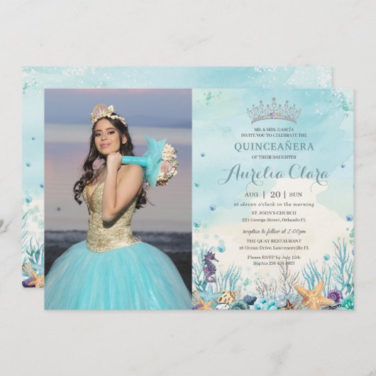 Quinceañera Unterhalb des Fotos Sea Beach Muscheln Einladung (Vorne/Hinten)