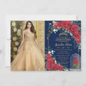 Quinceañera Verzauberte Rote Rose Blauer Navy Blau Einladung (Vorderseite)