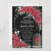Quinceañera Verzauberte Rote Rose Floral Black Sil Einladung (Vorderseite)