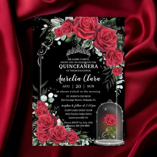 Quinceañera Verzauberte Rote Rose Floral Black Sil Einladung