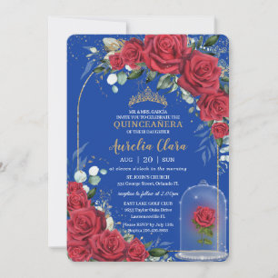 Quinceañera Verzauberte Rote Rose Floral Royal Blu Einladung