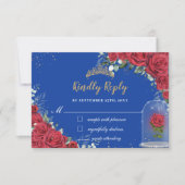 Quinceañera Verzauberte Rote Rose Floral Royal Blu RSVP Karte (Vorderseite)