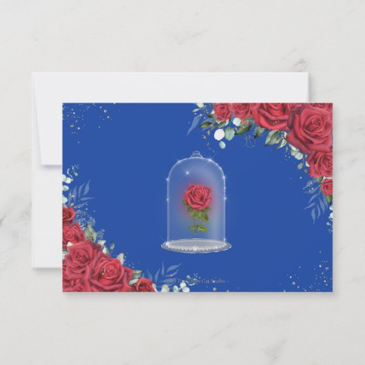 Quinceañera Verzauberte Rote Rose Floral Royal Blu RSVP Karte (Rückseite)