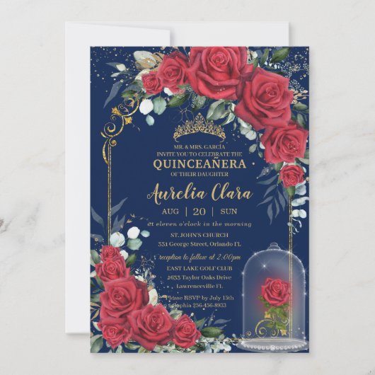 Quinceañera Verzauberte Rote Rosen Blauer Navy Bla Einladung (Vorderseite)