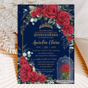 Quinceañera Verzauberte Rote Rosen Blauer Navy Bla Einladung