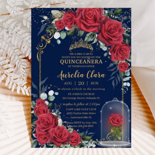Quinceañera Verzauberte Rote Rosen Blauer Navy Bla Einladung