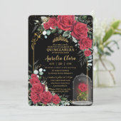 Quinceañera Verzauberte Rote Rosen Blumenschwarz Einladung (Stehend Vorderseite)