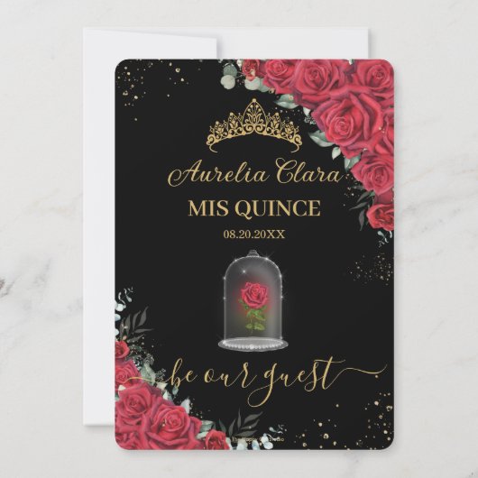 Quinceañera Verzauberte Rote Rosen Blumenschwarz Einladung (Rückseite)