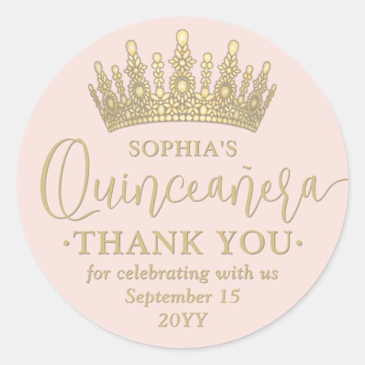 Quinceañera Vielen Dank Chic Blush Pink & Gold Cro Runder Aufkleber (Vorderseite)