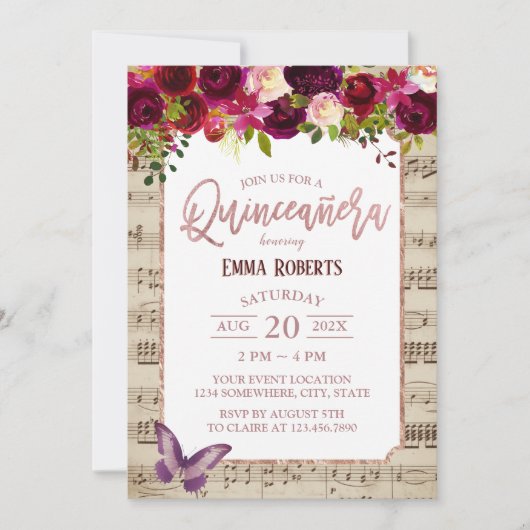 Quinceanera Vintag Burgund Floral Music Geburtstag Einladung (Vorderseite)
