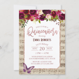 Quinceanera Vintage Burgunder Blumen Musik Geburts Einladung