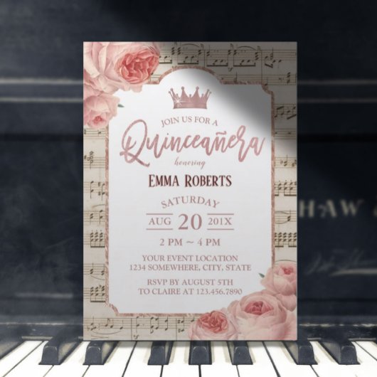 Quinceanera Vintage Rose Blumenmusik Geburtstag Einladung