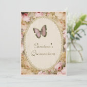Quinceañera Vintage Rose Butterfly & Musiknotens Einladung (Stehend Vorderseite)
