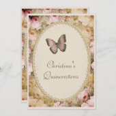 Quinceañera Vintage Rose Butterfly & Musiknotens Einladung (Vorne/Hinten)