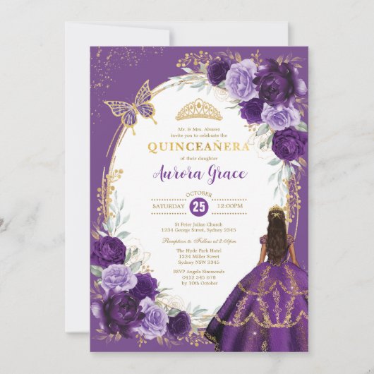 Quinceañera Violet Lilac Gold Floral Butterfly Einladung (Vorderseite)