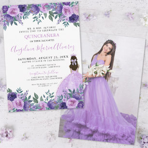 Quinceanera Violette Foto Blumen- Einladung